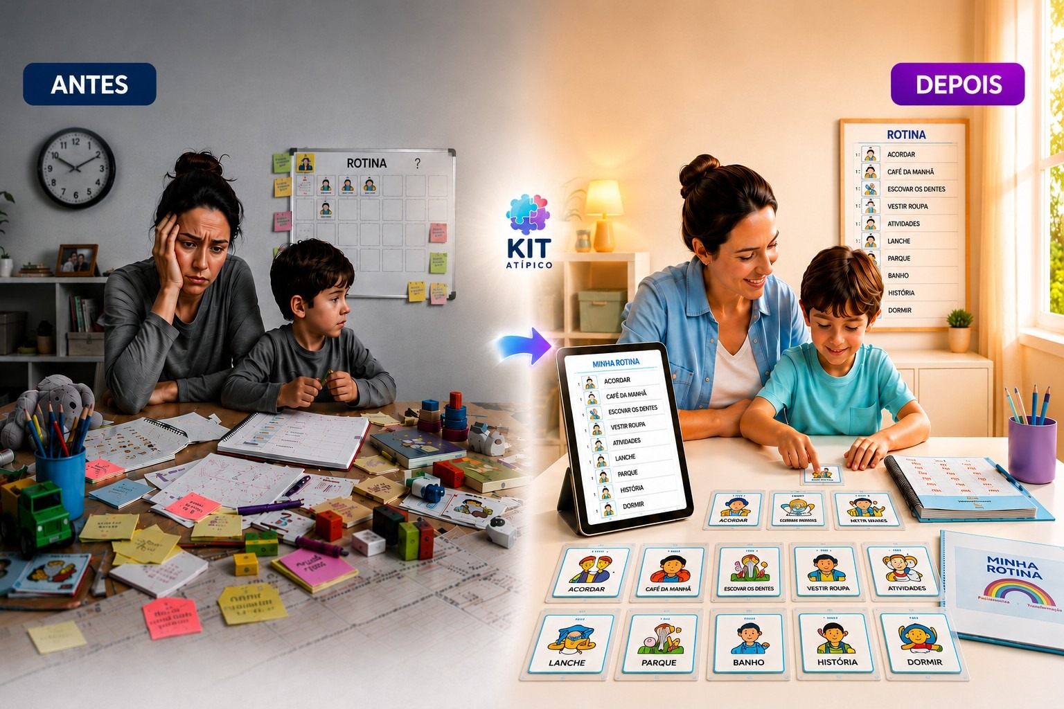 Antes e depois do Kit Atípico — rotina mais tranquila, menos crises, mais autonomia